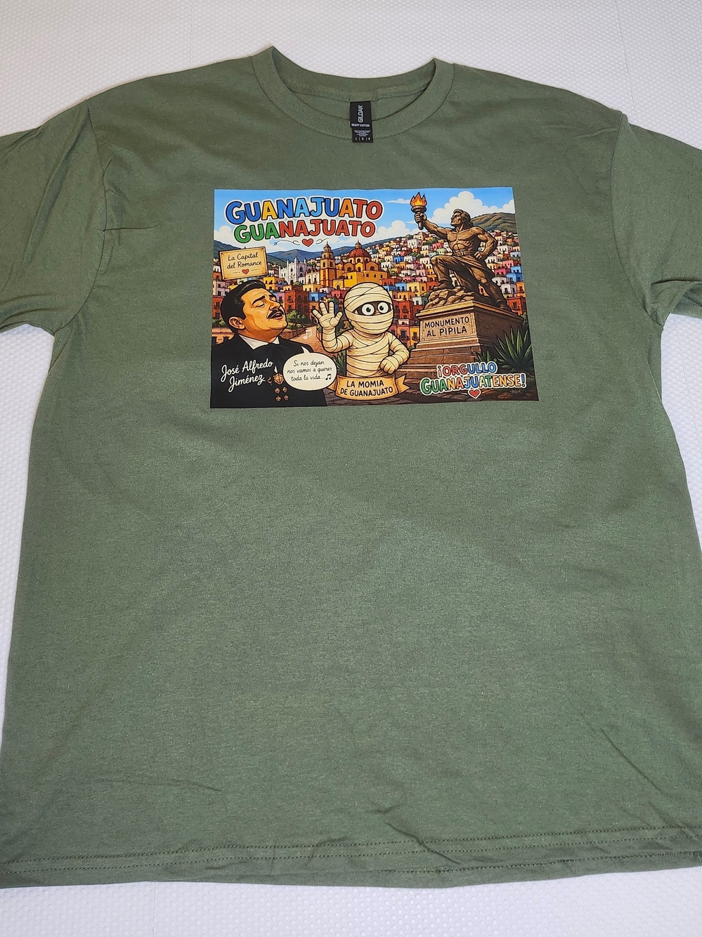 Guanajuato City Tee in Olive Green Size Large Flaw In Image Position